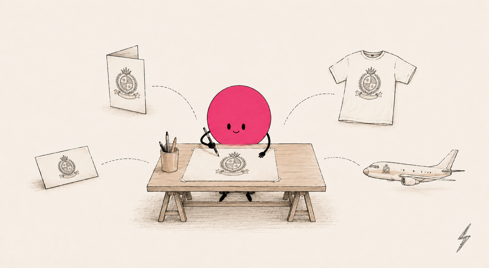 Idea drawing an early logo that appears on printed pieces, apparel and an airplane